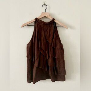 Cynthia Rowley Linen Blend Ruffle Front High Neck Top in Brown Size M